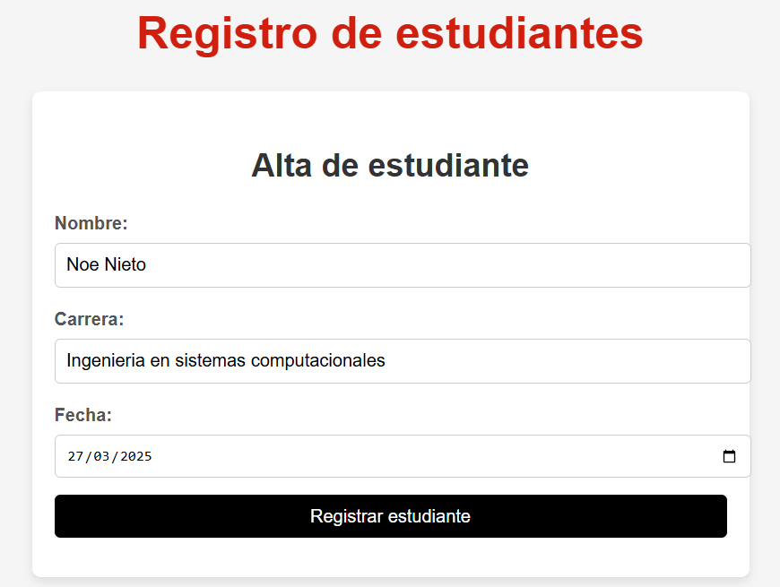 Captura de pantalla del formulario de creación de estudiantes