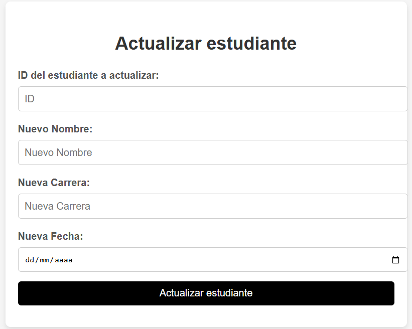 Captura de pantalla del formulario de actualización de estudiantes