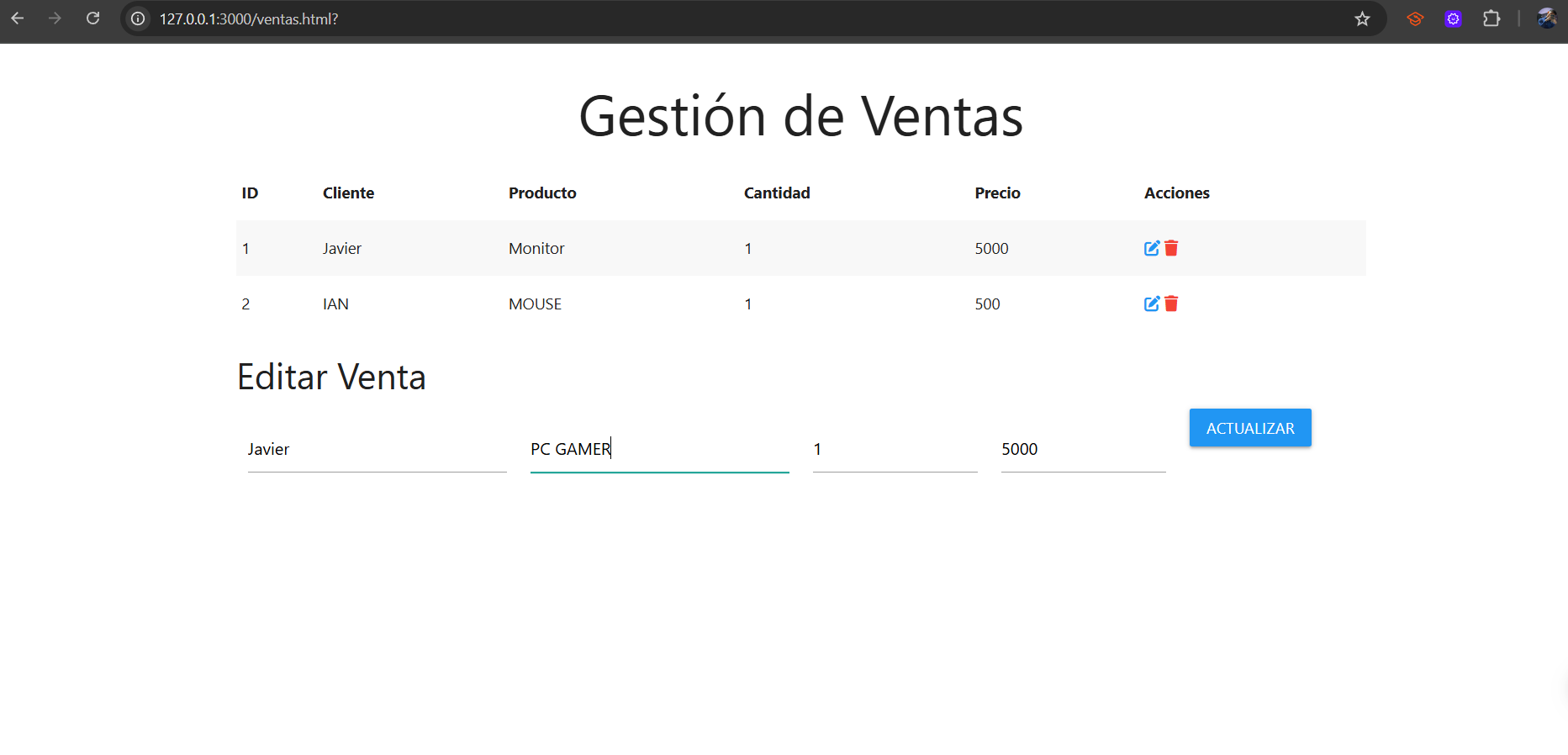 Modal de modificar ventas