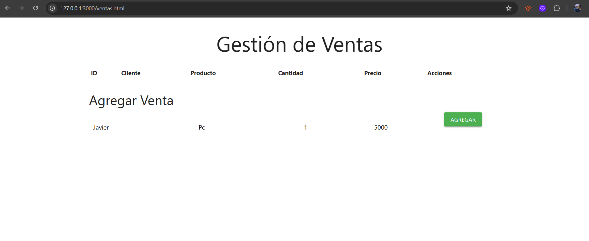 Captura de pantalla del formulario de ventas